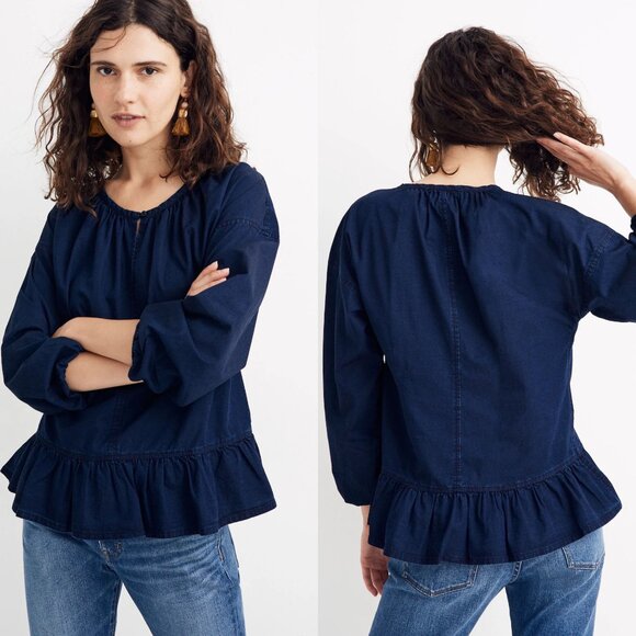 Madewell Tops - Madewell Indigo Dark Wash Ruffle Hem Chambray Long Sleeve Top